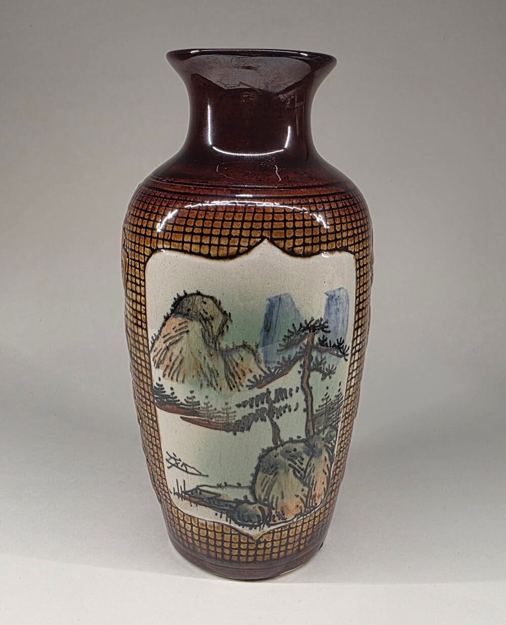 Vintage Asian Hand Painted Ceramic Vase Landscape Calligraphy Brown 9"